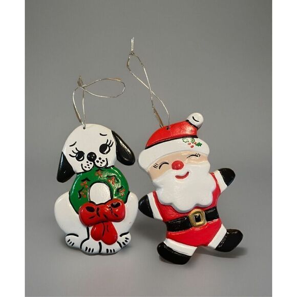 Clare Set of 2 Christmas Hanging Ornaments Santa & Dog Puppy Wreath Flat - Picture 4 of 5